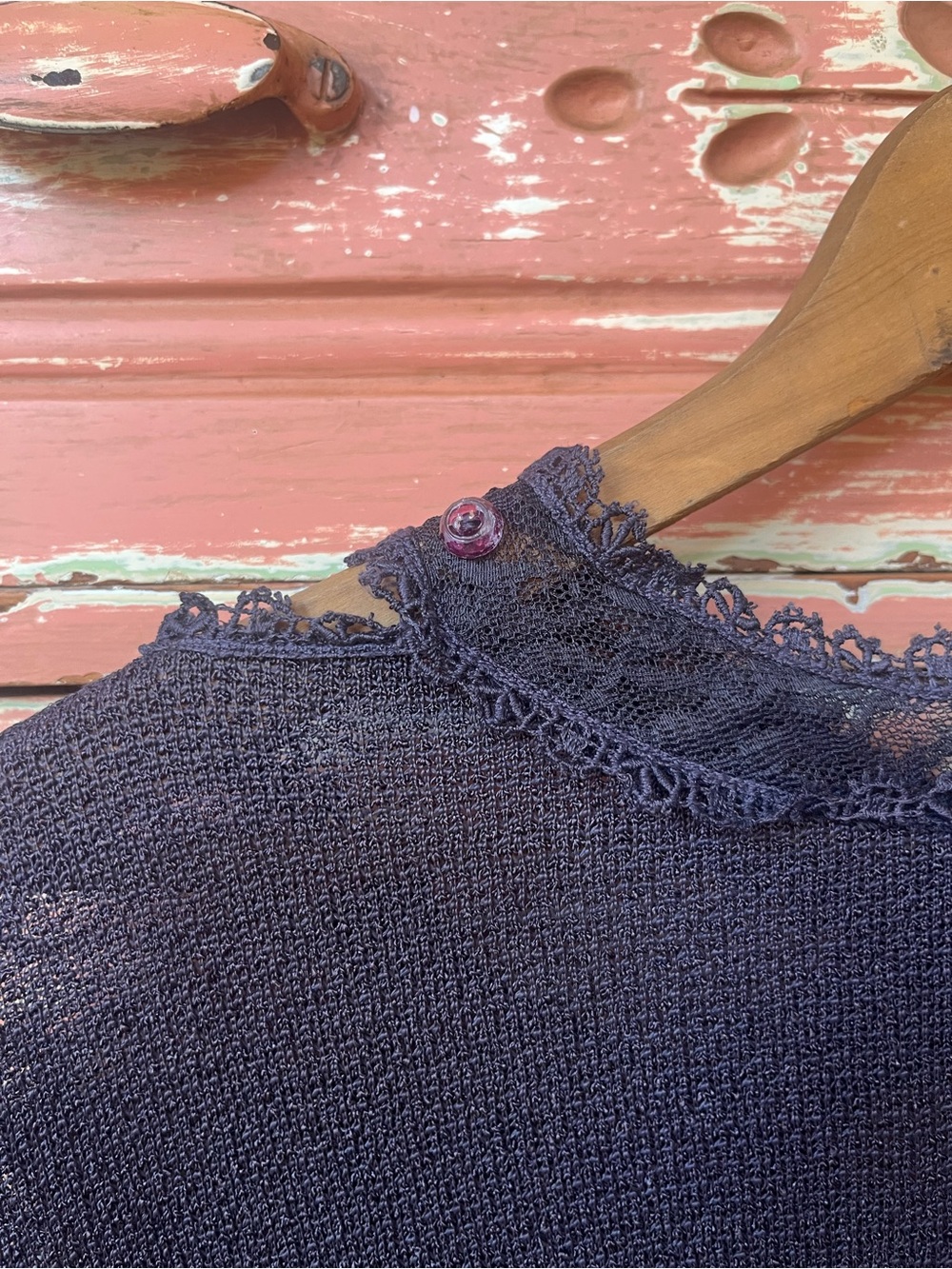 Antique Vintage 30s 40s Art Deco Knit Lace Navy Cotton Blouse Top S/M - Picture 12 of 13